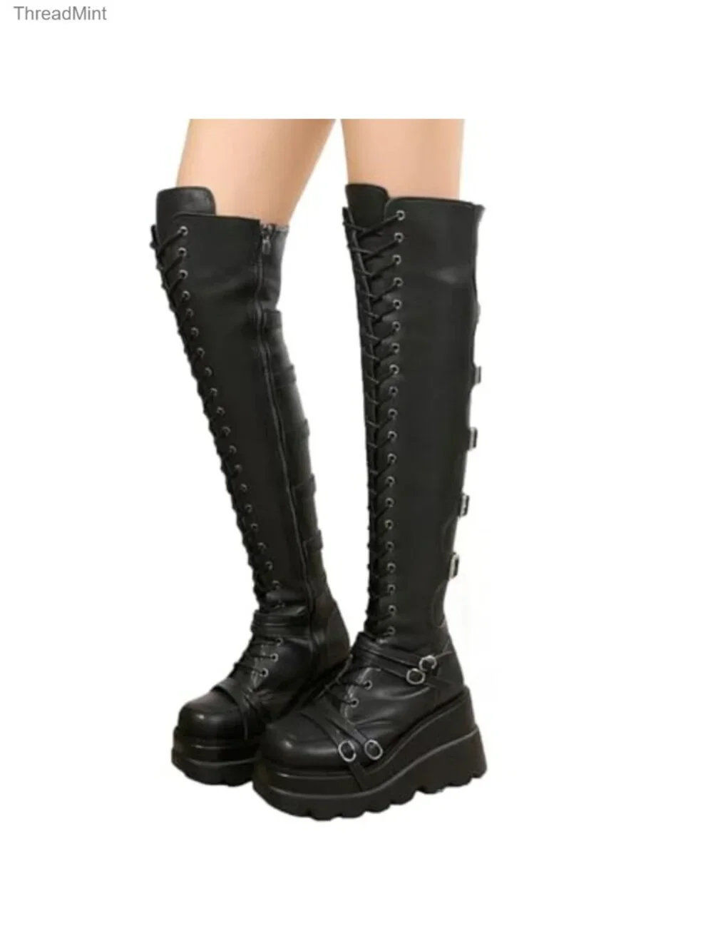 Women's Over Knee Boots Gothic Punk Thigh High Motorcycle Lace Up